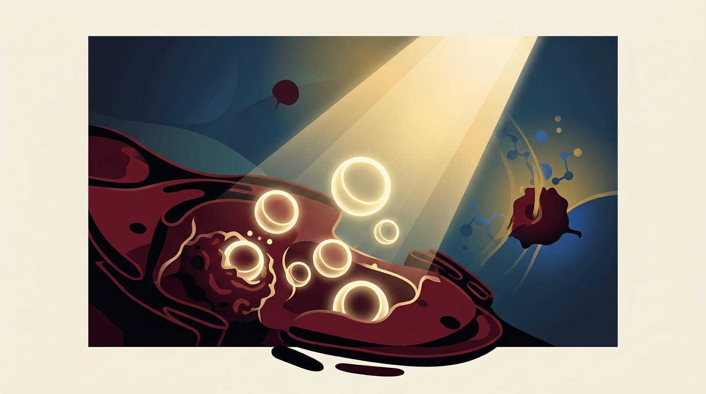 Abstract illustration of glowing spherical nanoparticles interacting with stylized cancer cells under a beam of light, using deep blue, teal, gold, and cobalt tones.