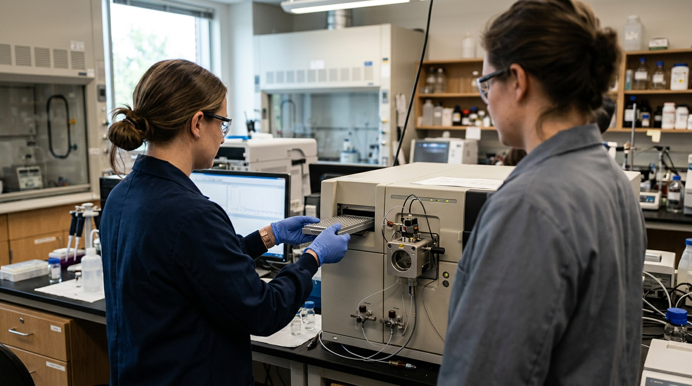 Two scientists working at a mass spectrometry instrument in a research laboratory, loading a sample tray.