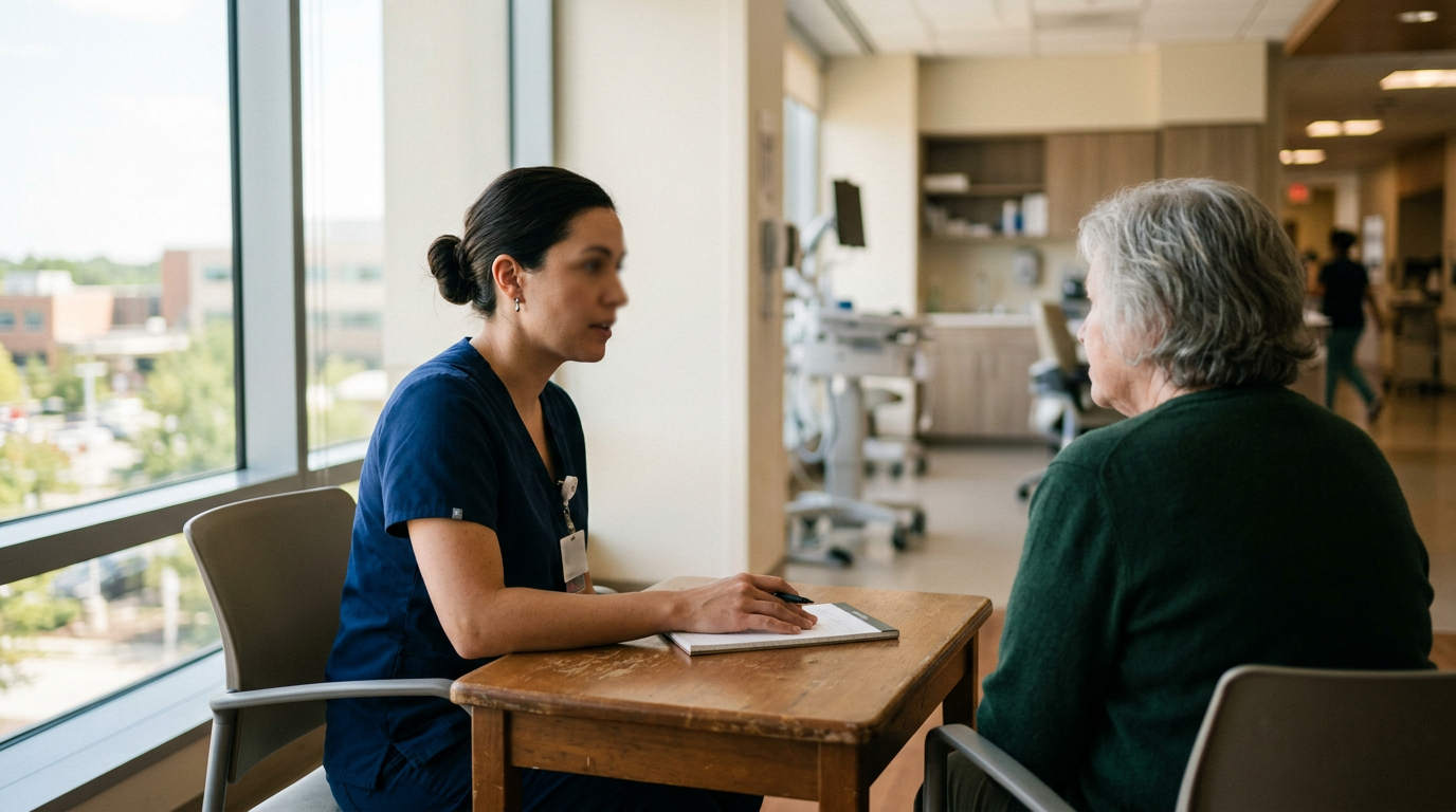 A clinician sitting with a patient in a calm, sunlit hospital consultation room, talking quietly across a small table.