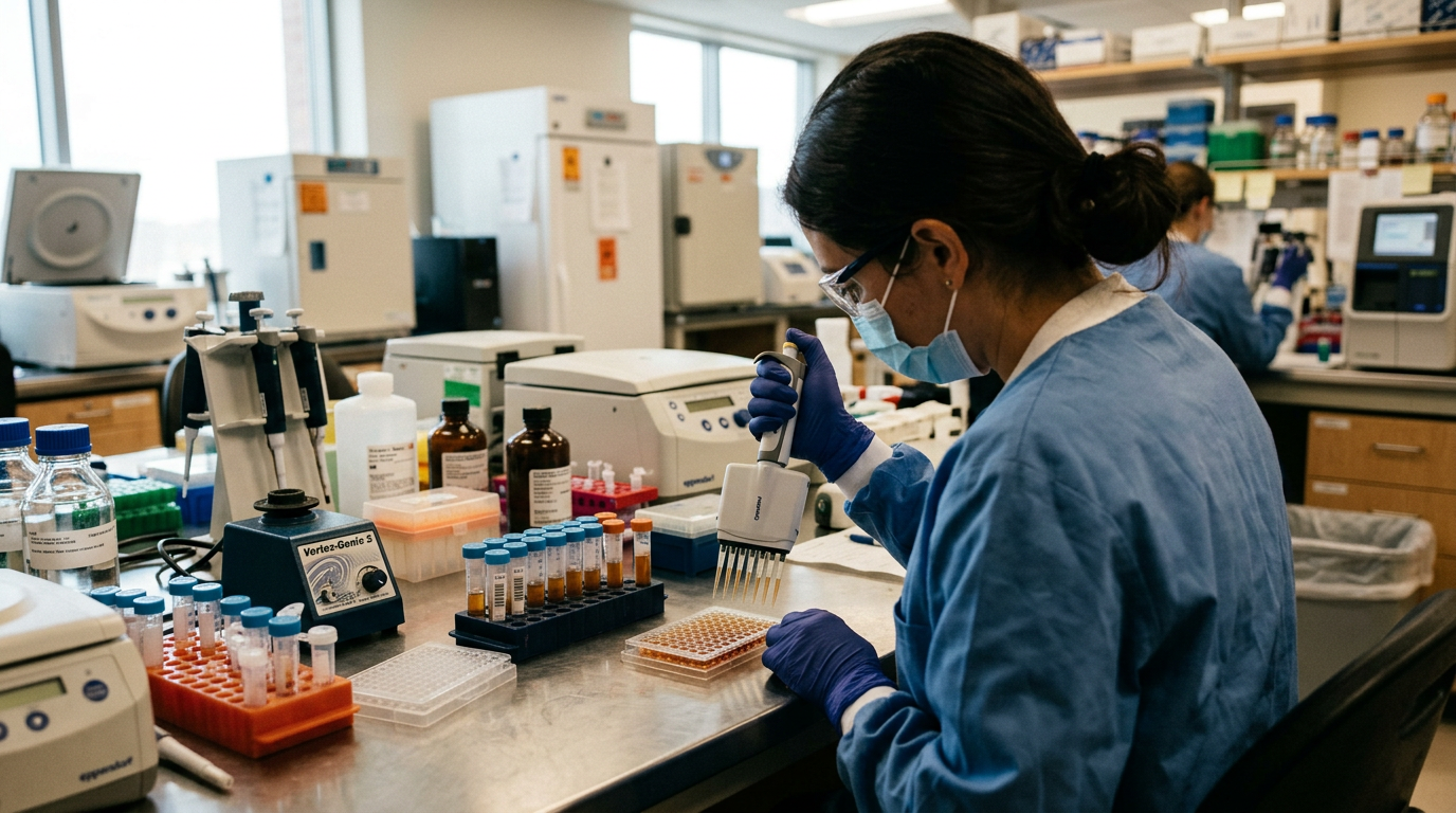 A laboratory scientist in gloves pipetting blood plasma samples into a rack of tubes at a molecular diagnostics bench.
