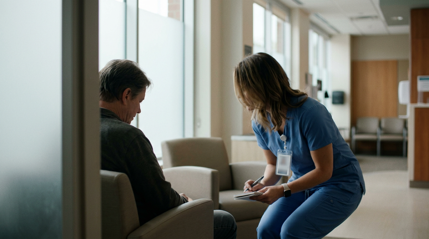 A nurse listening to a seated patient in a quiet outpatient clinic waiting area, warm daylight through a window.