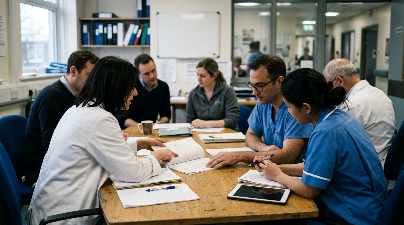 A multidisciplinary medical team standing around a table in a hospital meeting room during a tumour board discussion.