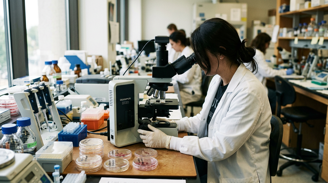 A researcher looking through a microscope at a cluttered laboratory bench with culture plates beside them.