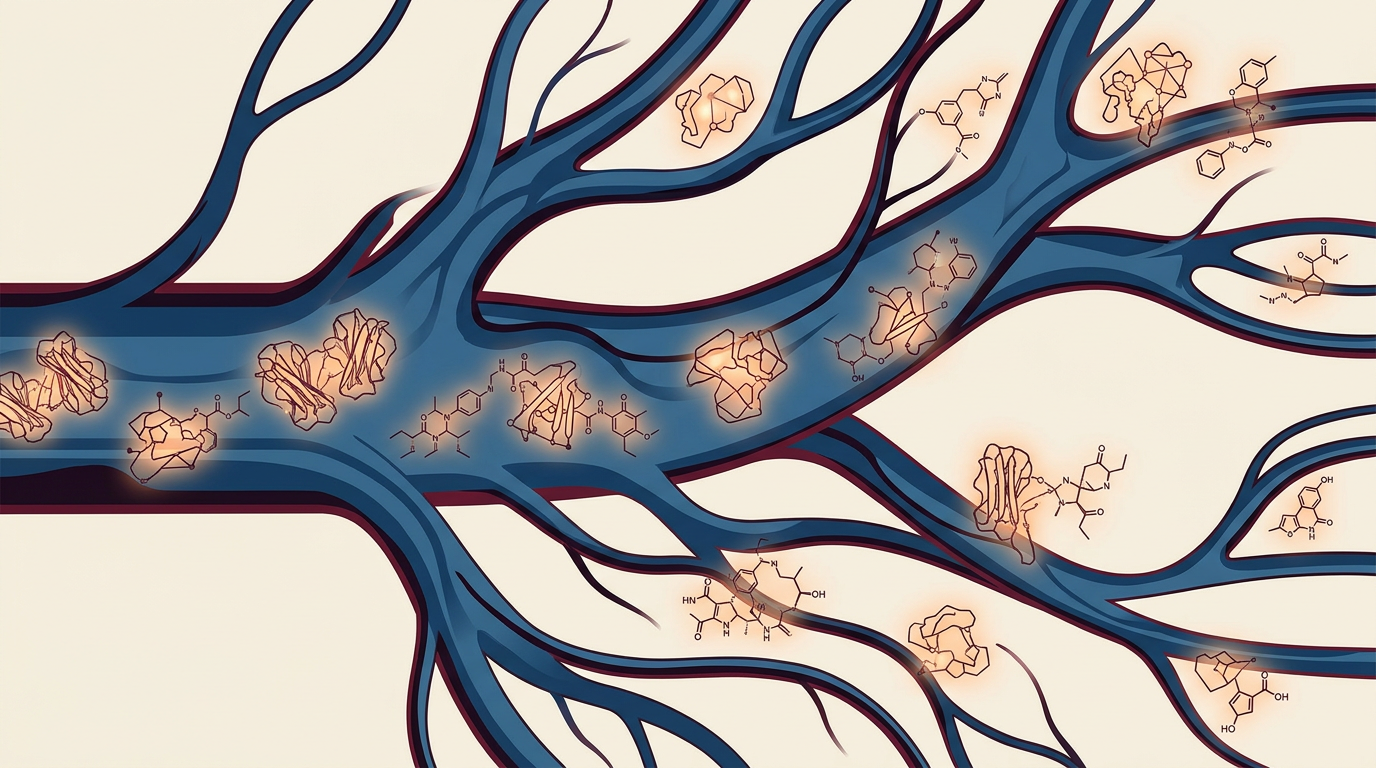 Abstract illustration of glowing proteins circulating in a stylized bloodstream.