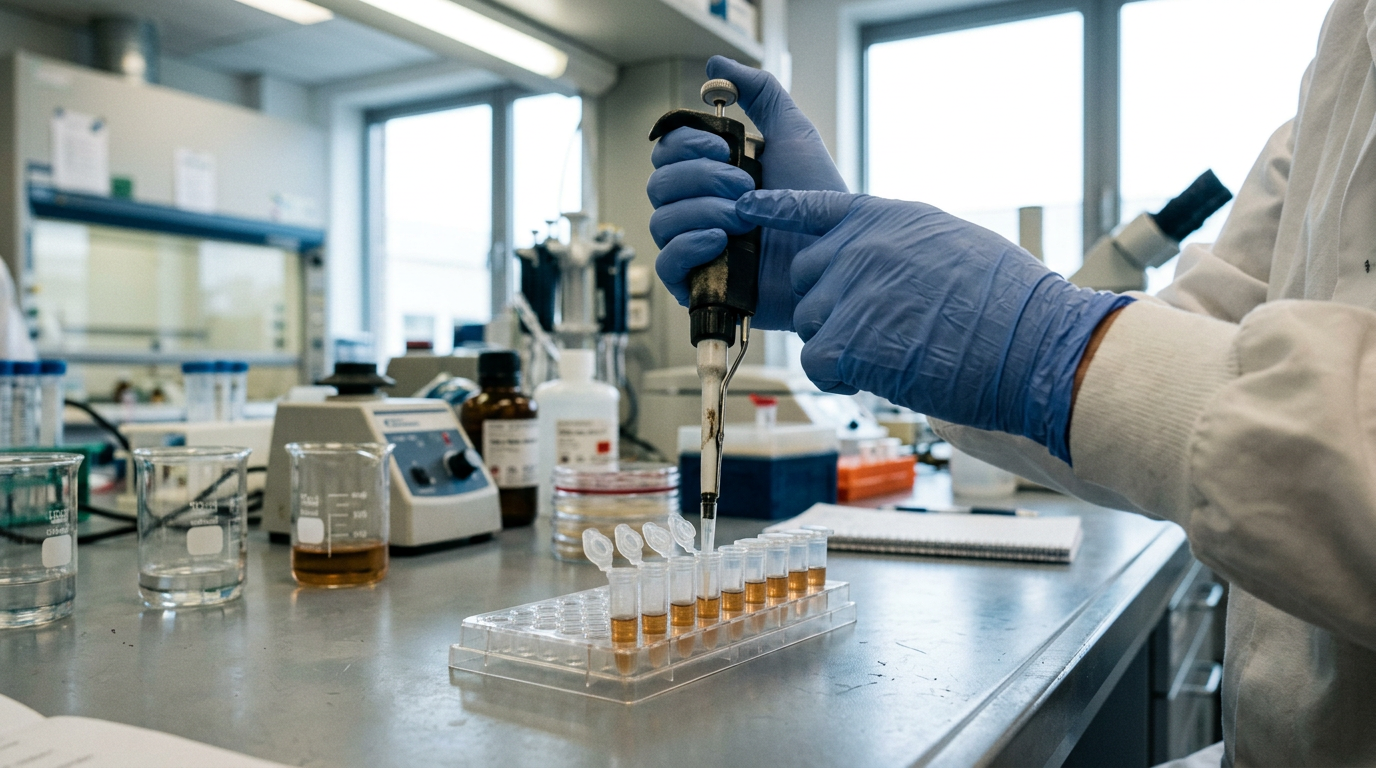 Close-up of laboratory equipment being handled by a researcher wearing blue gloves.