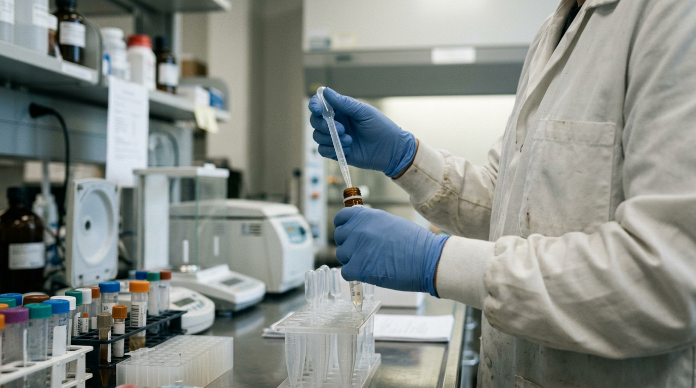 A clinical laboratory researcher handling a specimen container in a professional scientific environment.