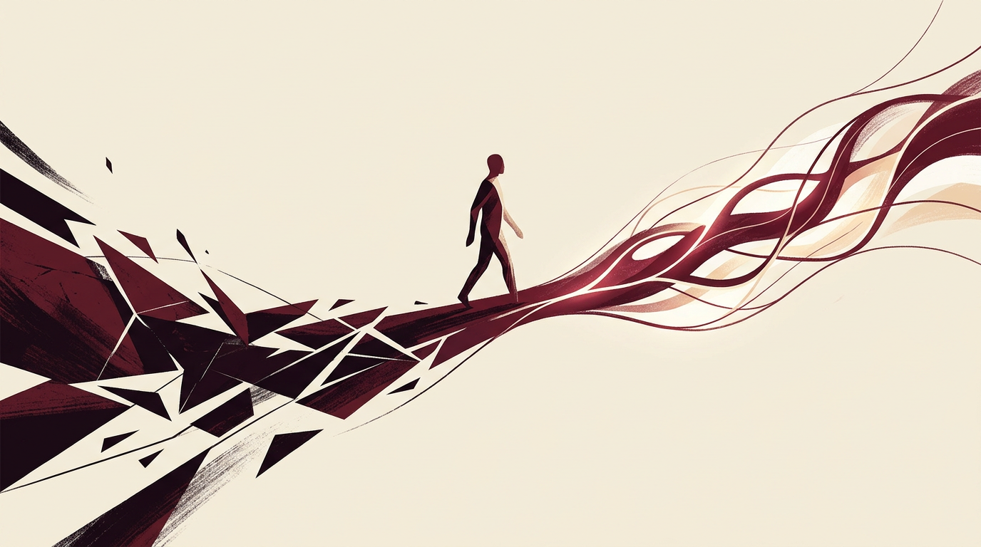Abstract illustration of a silhouette walking from a dark fractured landscape into a bright flowing path, representing psychological recovery.
