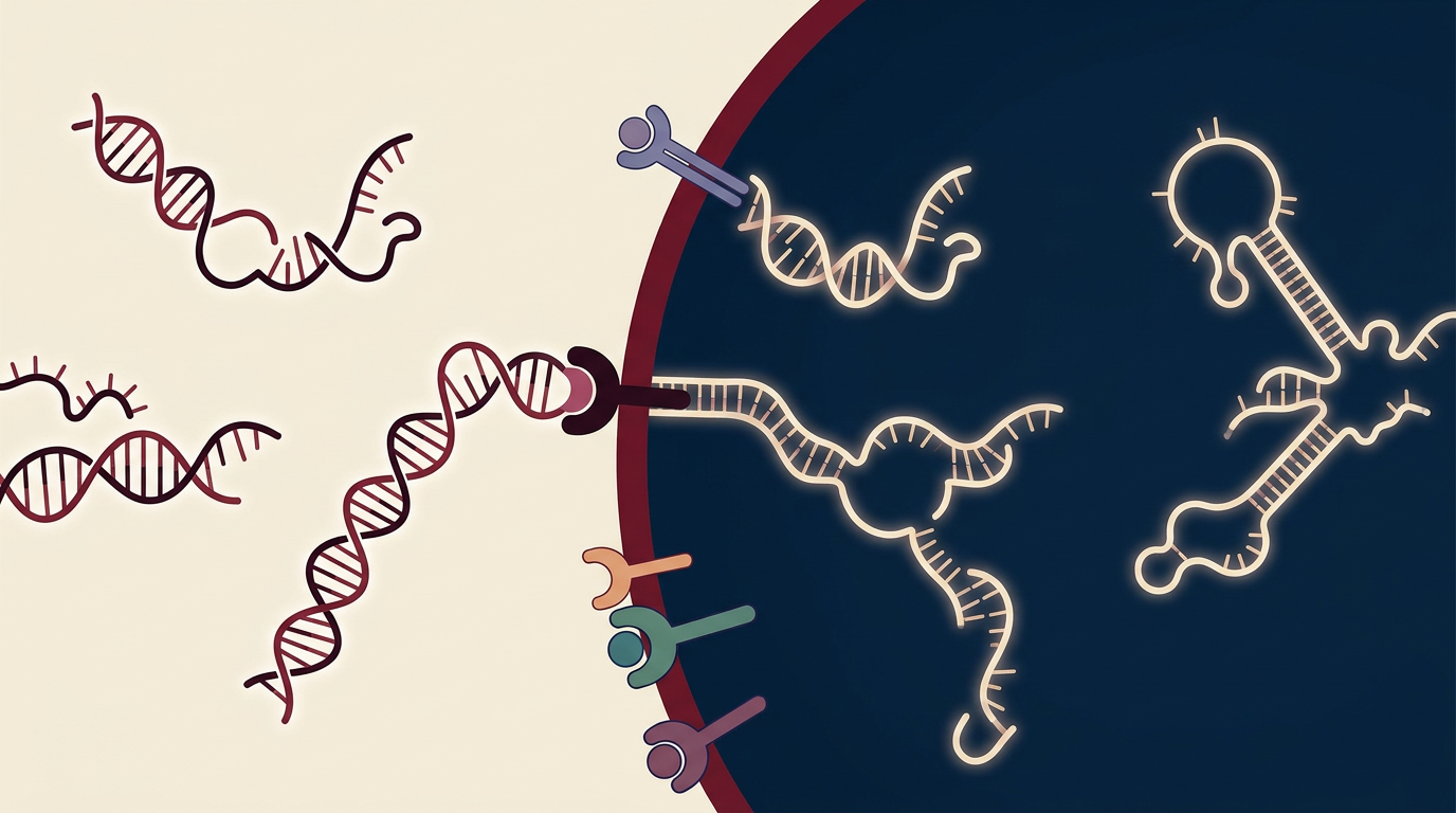 Abstract scientific illustration representing nucleic acid aptamers binding to cellular receptors.