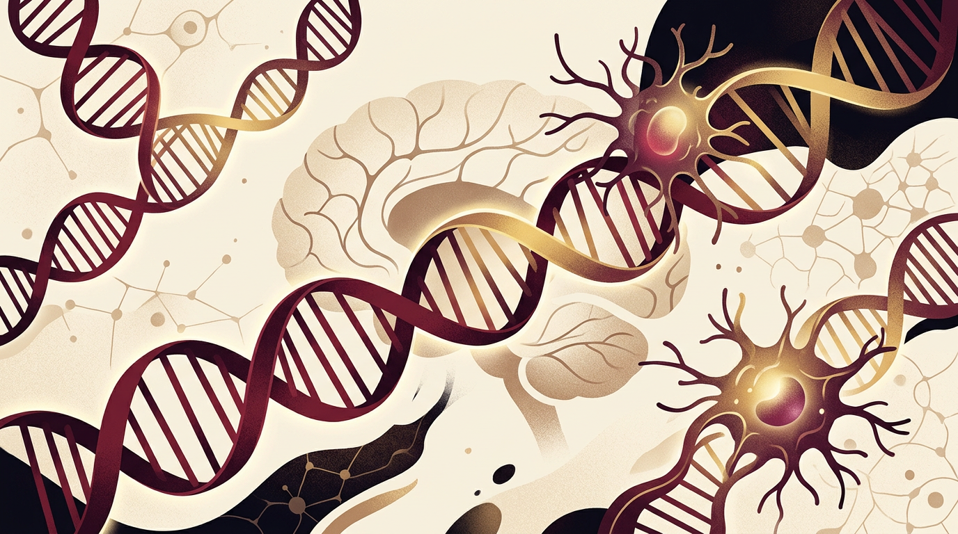 Abstract illustration of glowing DNA strands and symbolic immune structures.