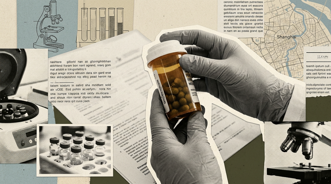 Gloved hands holding an amber prescription bottle in a clinical oncology research laboratory.