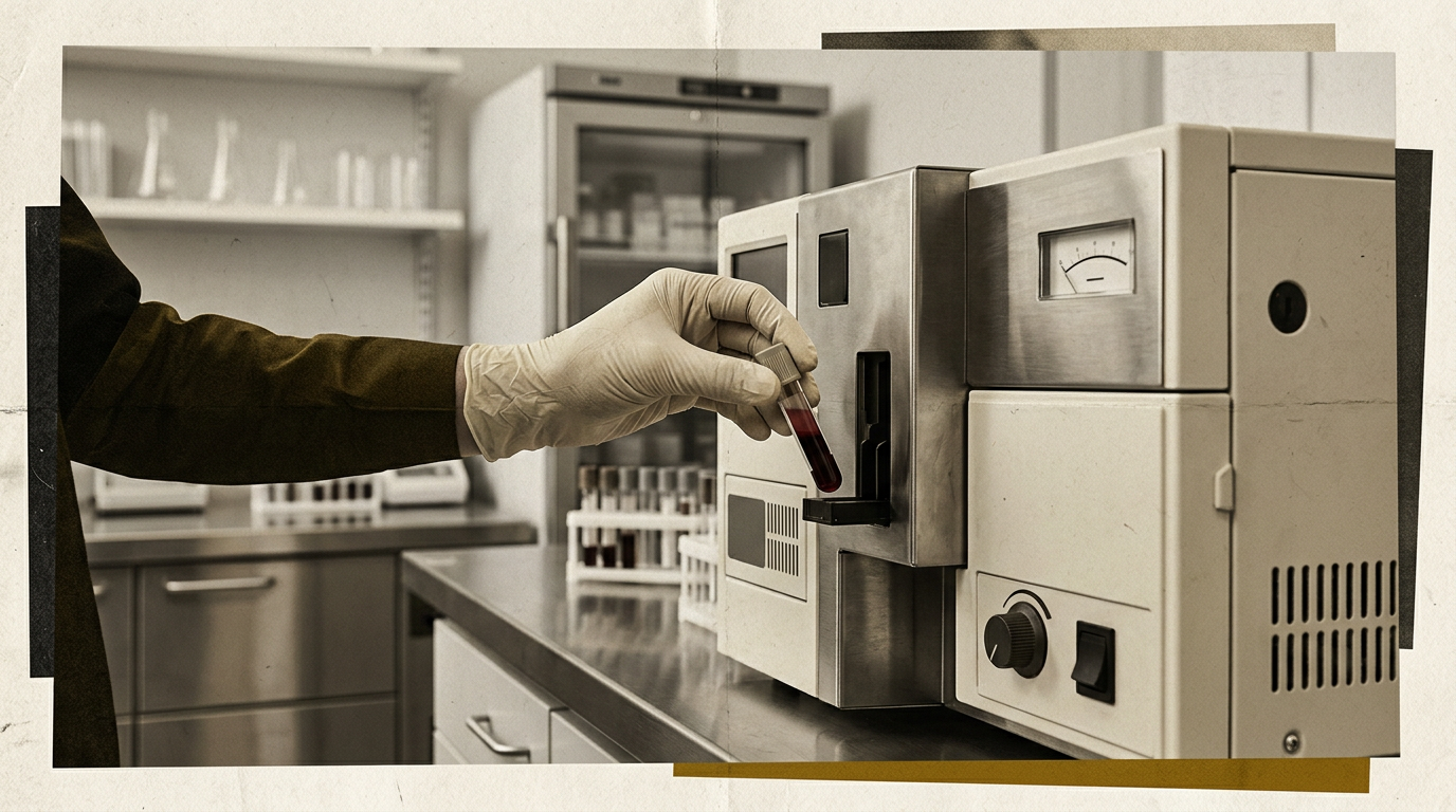 A gloved laboratory technician placing a blood specimen vial into an advanced diagnostic analyzer in a modern clinical lab.