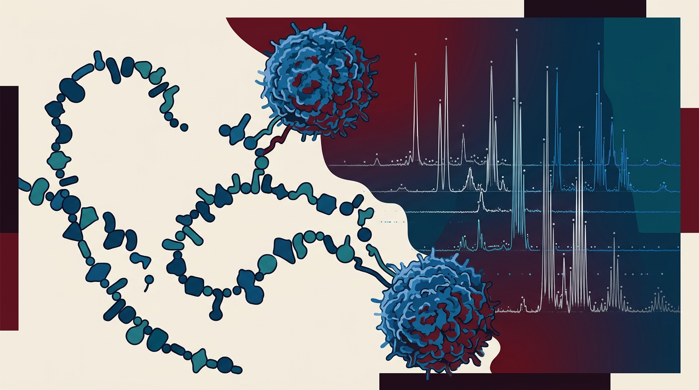 Abstract editorial illustration representing molecular peptide analysis and T cell interactions in brain tumor research.