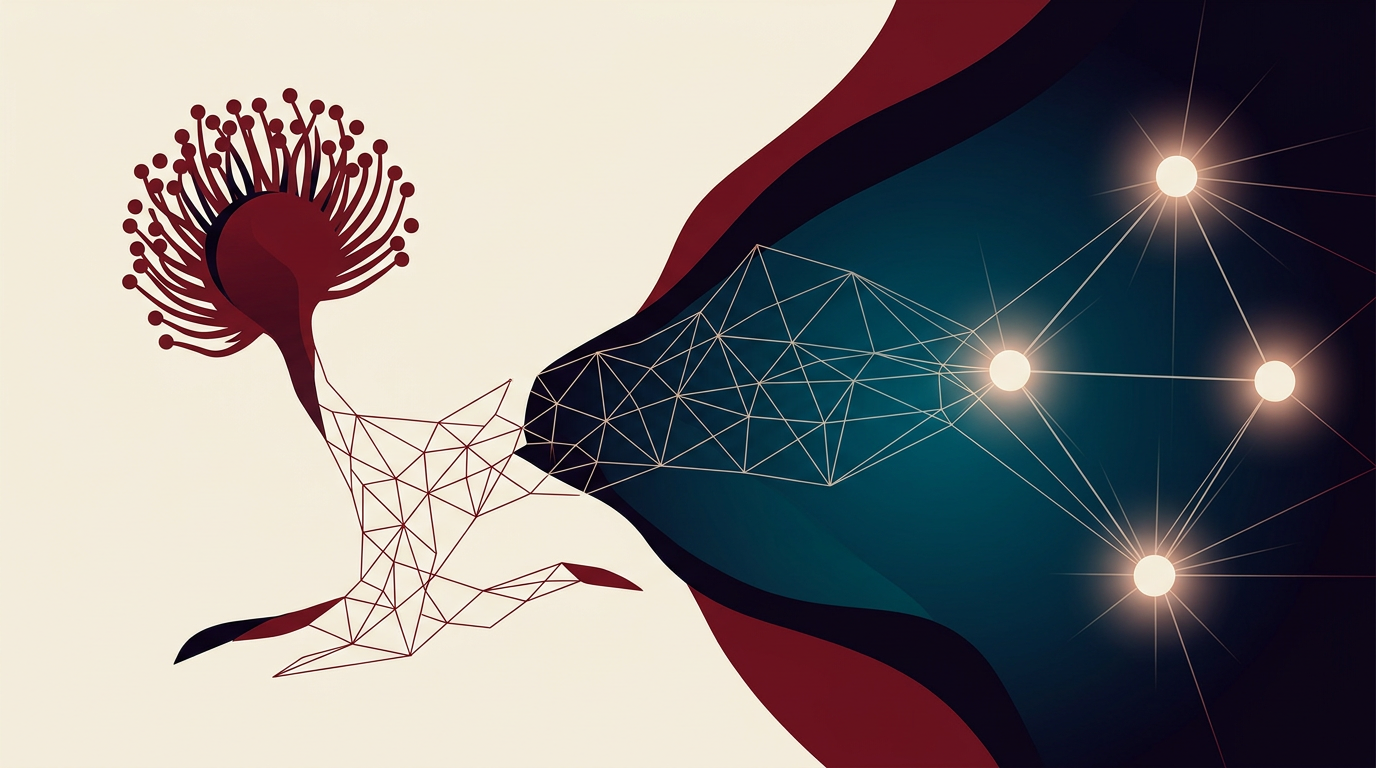 Abstract representation of a marine fungus and a geometric molecular signaling pathway.