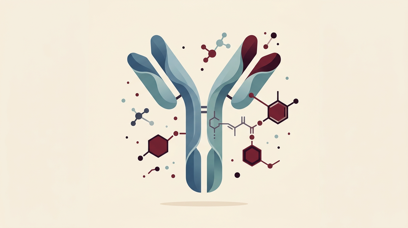Abstract graphic illustrating the dual molecular structure of an antibody-drug conjugate.