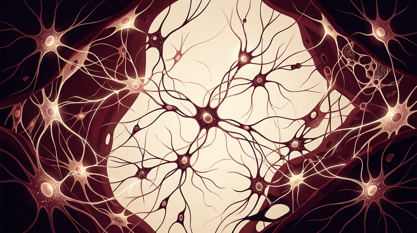 Abstract digital illustration of interconnected cellular networks and molecular pathways.