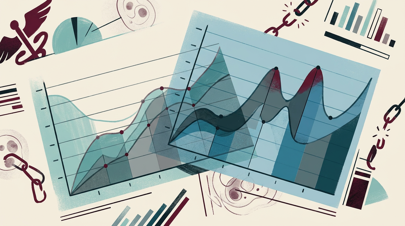 An abstract editorial illustration representing the measurement of financial strain and financial worry using intersecting analytical charts.