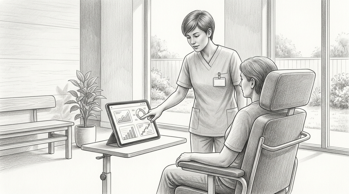 A physical therapist guiding a digital rehabilitation program in a clinical oncology setting.
