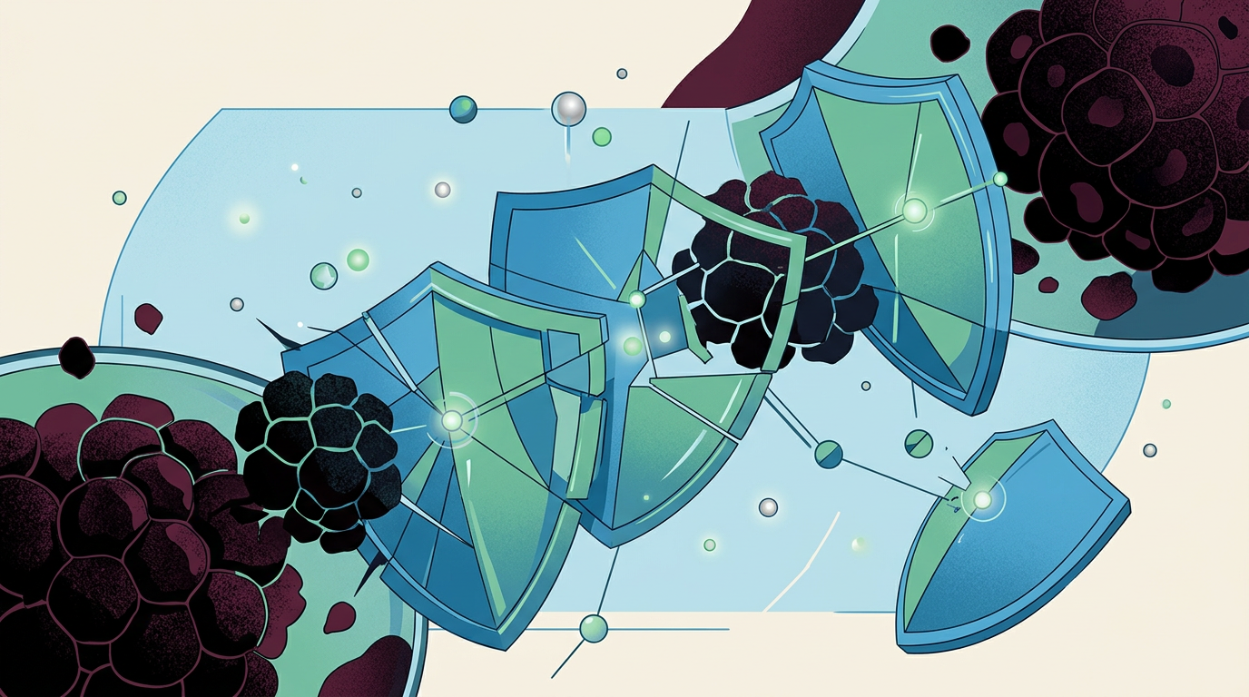Abstract digital illustration representing precision medicine, cellular markers, and targeted cancer therapy.