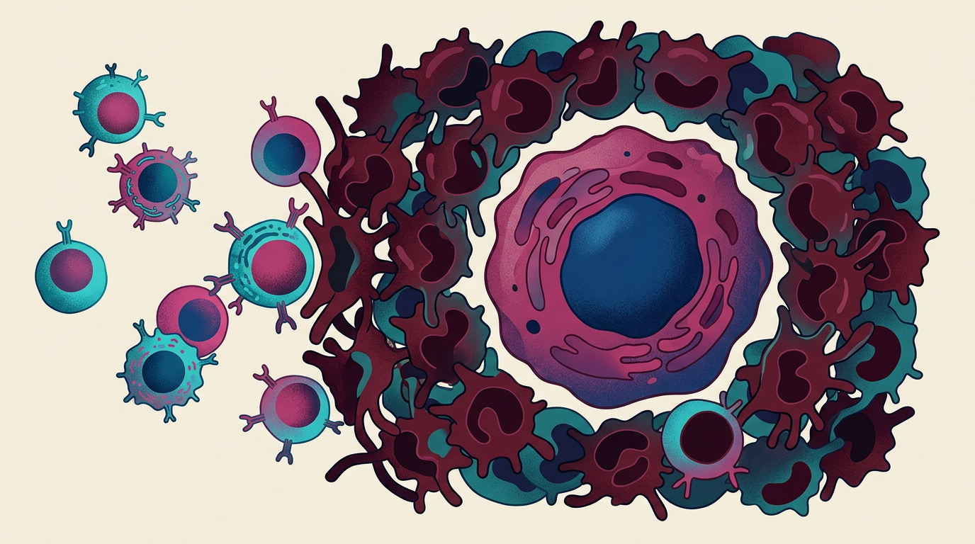 Abstract illustration of cellular barriers blocking T-cell access to a tumor cell.
